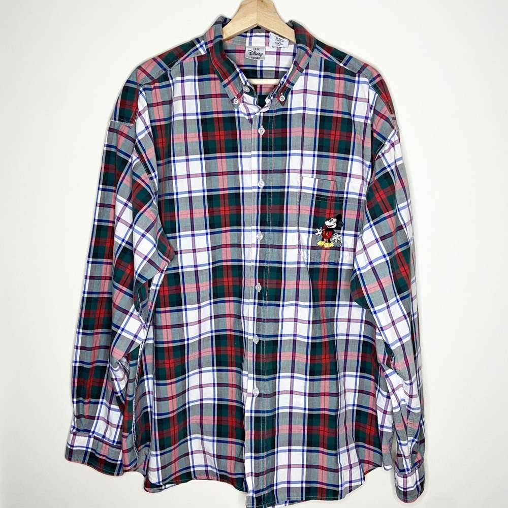 Vintage Disney Green Red Plaid Mickey Button Up XL